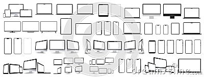 Devices mockup set, computer monitor, laptop, smartphone, tablet, collection devices with empty white display Vector Illustration