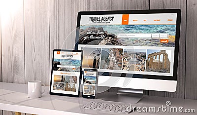 Devices responsive on workspace travel agency online Stock Photo