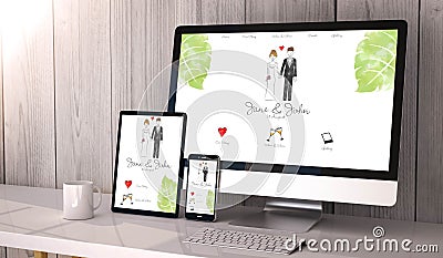 devices responsive on workspace wedding website design Stock Photo