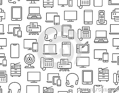 Devices seamless pattern with flat line icons. Electronics background - pc, laptop, computer, smartphone, device monitor Vector Illustration