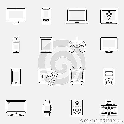 Devices and technology icons set, thin line style Vector Illustration