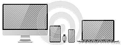 Devices with transparent wallpaper mockup. Device size screen Vector Illustration