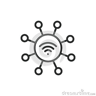 Devices on Wi-Fi network, icon in line design. Devices, Wi-Fi, network, connection, wireless, internet, technology on Vector Illustration