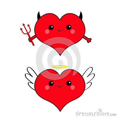 Devil Angel Evil amour. Red heart face head icon set. Trident horn wing nimbus. Cute cartoon kawaii character. Happy Valentines da Vector Illustration