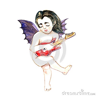 Devil angel with red electric guitar, isolated on white hand painted watercolor Cartoon Illustration