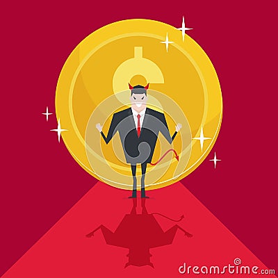 Devil businessmen succeed with large gold coin or money behind. Vector Illustration