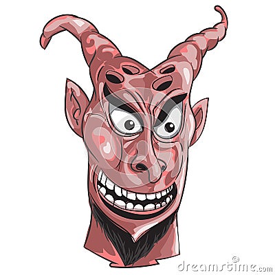 A devil demon cartoon character face with an evil grin. Alien face with goat horn. Stock Photo