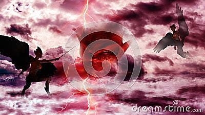 Devil with demons at hell. Sky Clouds Reflection at the Sea Stock Photo