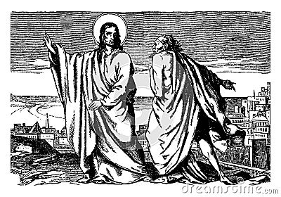 The Temptation of Jesus by Satan vintage illustration Vector Illustration