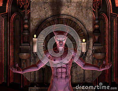 Devil in front of a dark Shrine Stock Photo