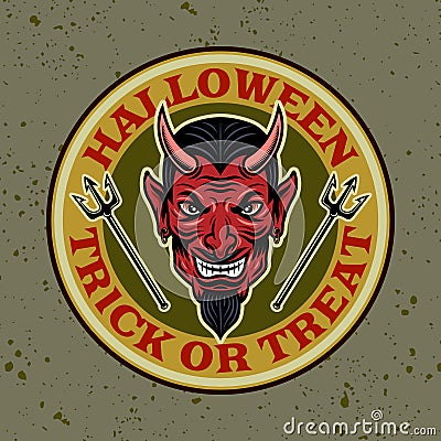 Devil head vector round colored emblem, badge, label or logo in cartoon style illustration Vector Illustration