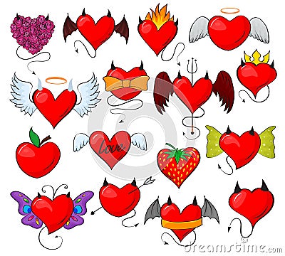 Devil heart vector lovely red sweetheart with horns wings on loving valentine day card illustration romantic set of Vector Illustration