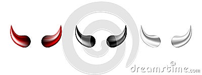 Devil horn set. Black, red and white demon or satan Halloween carnival elements. Vector Illustration