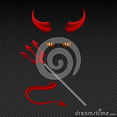 Devil horns, harpoon, satanic yellow eyes and tail vector photobooth props for hell party Vector Illustration