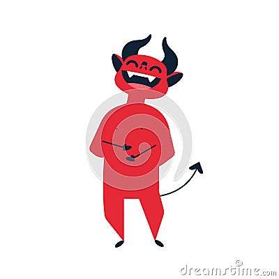 Devil laughing flat vector illustration. Little red cute demon joking cartoon colorful character. Satan funny expression Vector Illustration