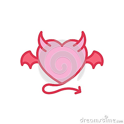 Devil Love with demon wing, horn and tail Icon. Simple Heart Illustration Line Style Logo Template Design. Stock Photo