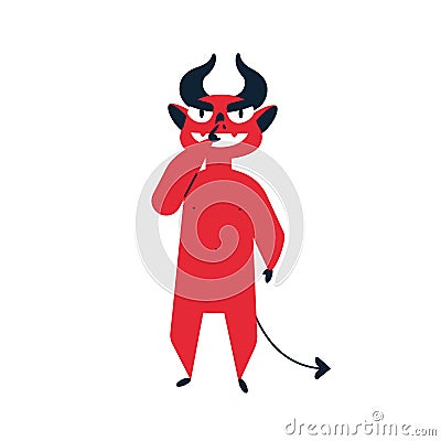 Devil picking nose flat vector illustration. Bad manners and behavior, obscene gesture concept. Ill-mannered satan, red Vector Illustration