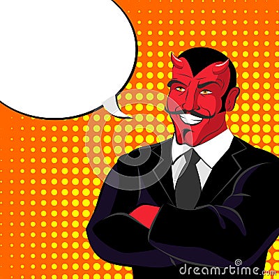 Devil pop art. Red horned demonl and text bubble. Satan laughs. Vector Illustration