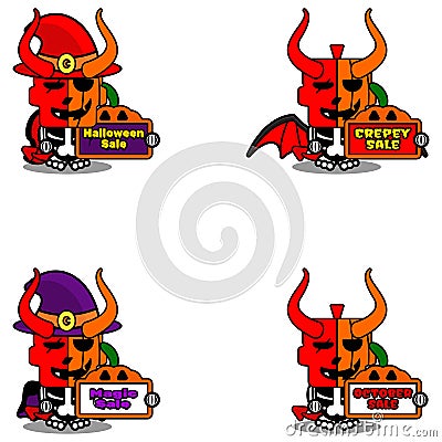 devil pumpkin mascot set bundle halloween sale Vector Illustration