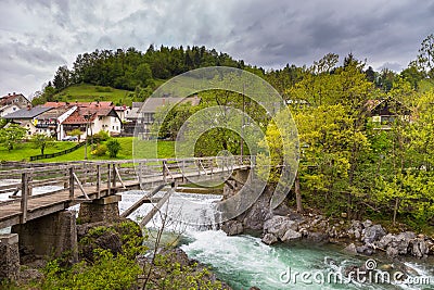 The Devil`s Bridge, wooden footbridge in Skofja Loka Editorial Stock Photo