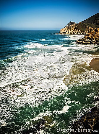 Devil`s Slide sheer cliffs and pacific coast in San Mateo County Stock Photo
