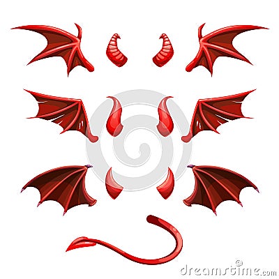 Devil tail, horns and wings. Demonic red elements for the photo decoration. Vector Illustration