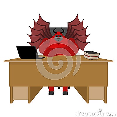 Devil of workplace. Satan boss sitting in office. Red demon at w Vector Illustration