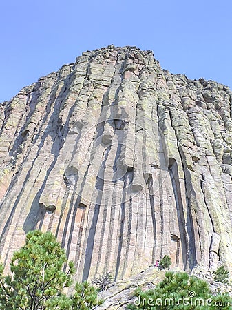 Looking up at Devils Tower National Monument in Wyoming Stock Photo