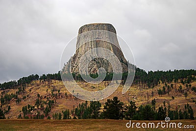 Devils Tower National Monument on a Rainy Day Stock Photo