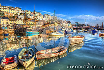 Devon boats Brixham England UK English harbour with brilliant blue sky Stock Photo