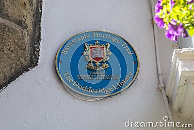 The Dodderidge Library Plaque in Barnstaple Editorial Stock Photo