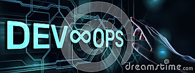 Devops Agile development and optimisation concept on virtual screen. Stock Photo
