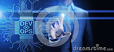 Devops Agile development and optimisation concept on virtual screen. Stock Photo