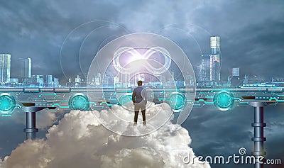 DevOps Concept, building blocks of DevOps represented through a modern virtual city, a business man monitoring end to end process Stock Photo