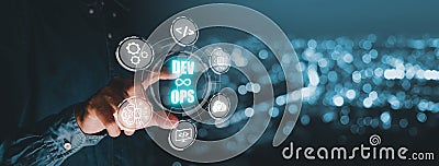 DevOps concept, Man hand touching DevOps icon on VR screen with blue bokeh background, Methodology development operations agil Stock Photo