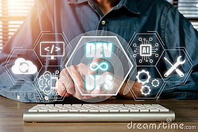 DevOps concept, Man hand touching DevOps icon on VR screen on desk, Methodology development operations agil programming technology Stock Photo