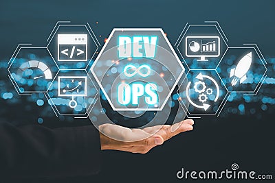 Person hand holding DevOps icon on VR screen, Methodology development operations agil programming technology concept Stock Photo