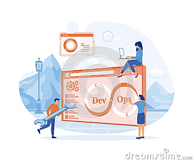 DevOps Concept Tiny Programmers Practice Development and Software . Vector Illustration