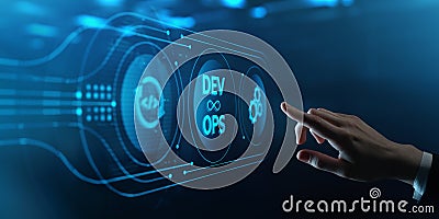 DevOps Dev Ops software development concept. Human Hand Touching Futuristic Virtual Screen with digital icon Stock Photo