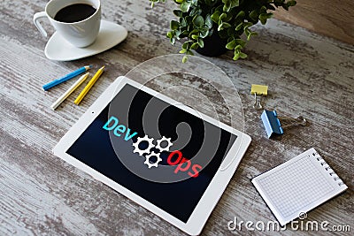 DevOps - development cycles of Automation and monitoring at all steps of software construction. Stock Photo
