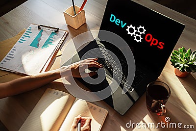 DevOps - development cycles of Automation and monitoring at all steps of software construction. Stock Photo