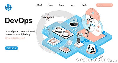 DevOps isometric concept. Monitoring and optimization Vector Illustration