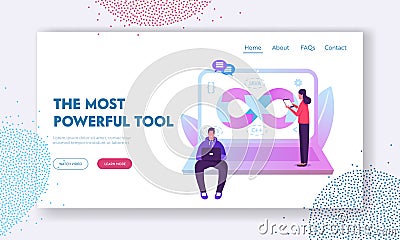 Devops Specialists Work Collaboration Website Landing Page. Programmer and Businesswoman at Huge Laptop Vector Illustration