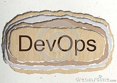 DevOps - word in ragged paper hole background software development and information-technology operations Cartoon Illustration
