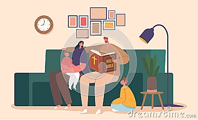 Devoted Christian Family Gathered, Reading Bible With Reverence. Parents And Kids Characters Sharing Moments Vector Illustration