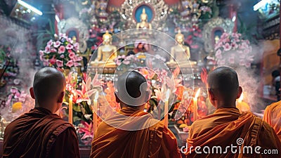 Devotees in meditation at temple interior. Worshipers in traditional attire engage in prayer before Buddha. Buddhist Stock Photo