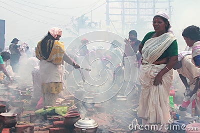 Devotees take part in the 'Pongala' ritual in Attukal,Kerala Editorial Stock Photo