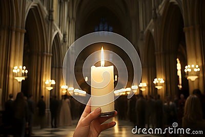 A devout hand holds a burning candle in a grand cathedral, illuminating a religious service Stock Photo
