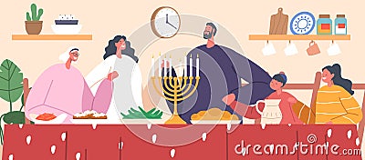 Devout Jewish Family Characters Gathered Together, Bowing Their Heads In Prayer, Expressing Gratitude Vector Illustration