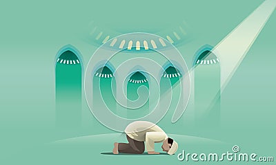 A devout Muslim praying in a holy mosque. Vector Illustration
